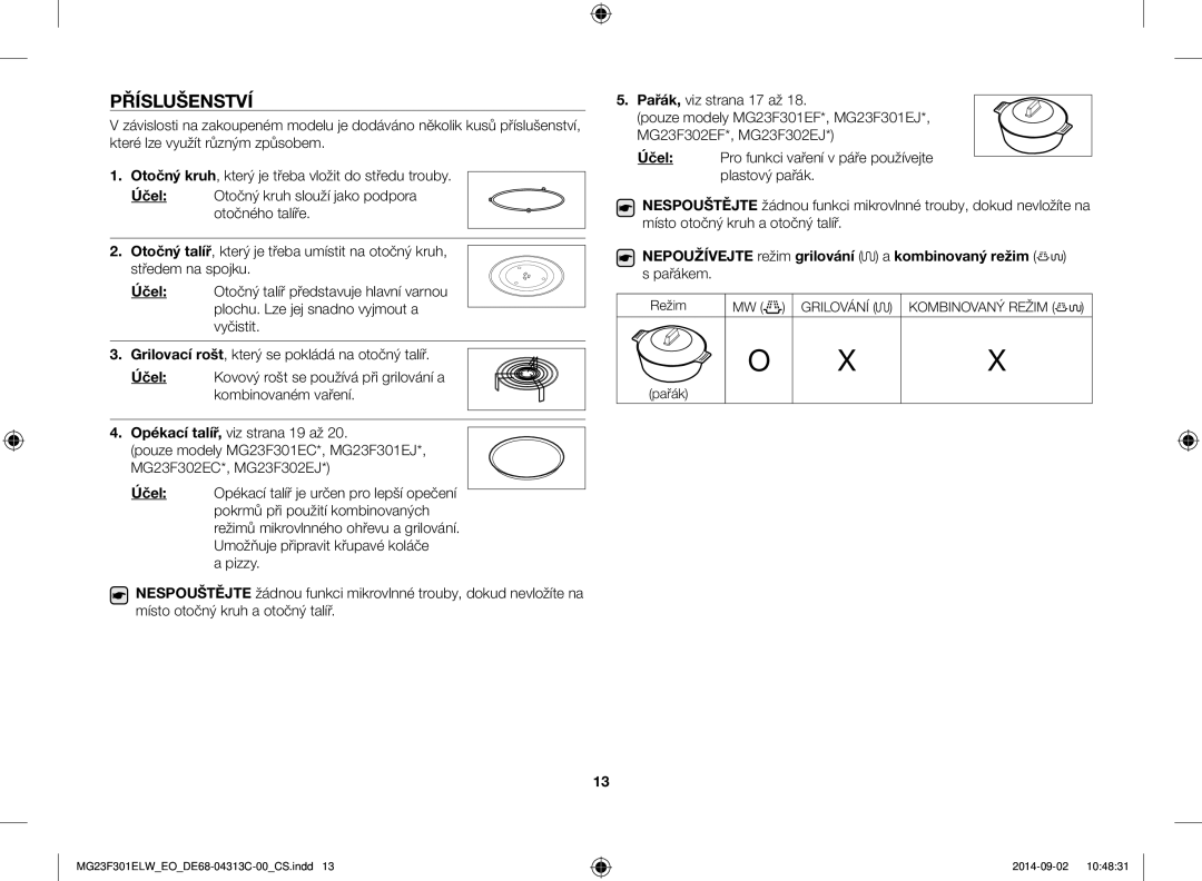 Samsung MG23F301ELW/EO manual Příslušenství, Účel, Nepoužívejte režim grilování a kombinovaný režim, Pařákem 