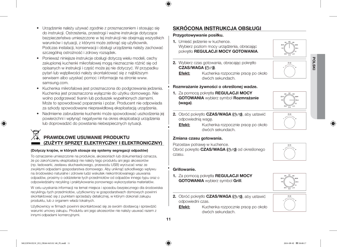 Samsung MG23F301ELW/EO manual Skrócona Instrukcja Obsługi, Przygotowywanie posiłku, Rozmrażanie żywności o określonej wadze 