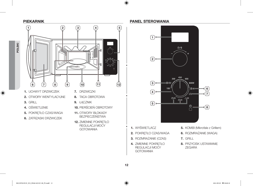 Samsung MG23F301ELW/EO manual Piekarnik, Panel Sterowania 