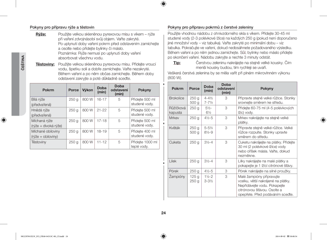 Samsung MG23F301ELW/EO manual Pokyny pro přípravu pokrmů z čerstvé zeleniny, Pokrm Porce Doba 