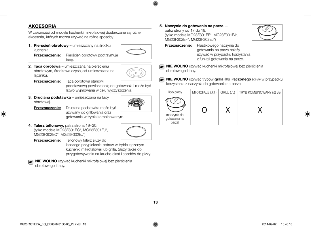 Samsung MG23F301ELW/EO manual Akcesoria, Przeznaczenie, Druciana podstawka umieszczana na tacy obrotowej, Tryb pracy 