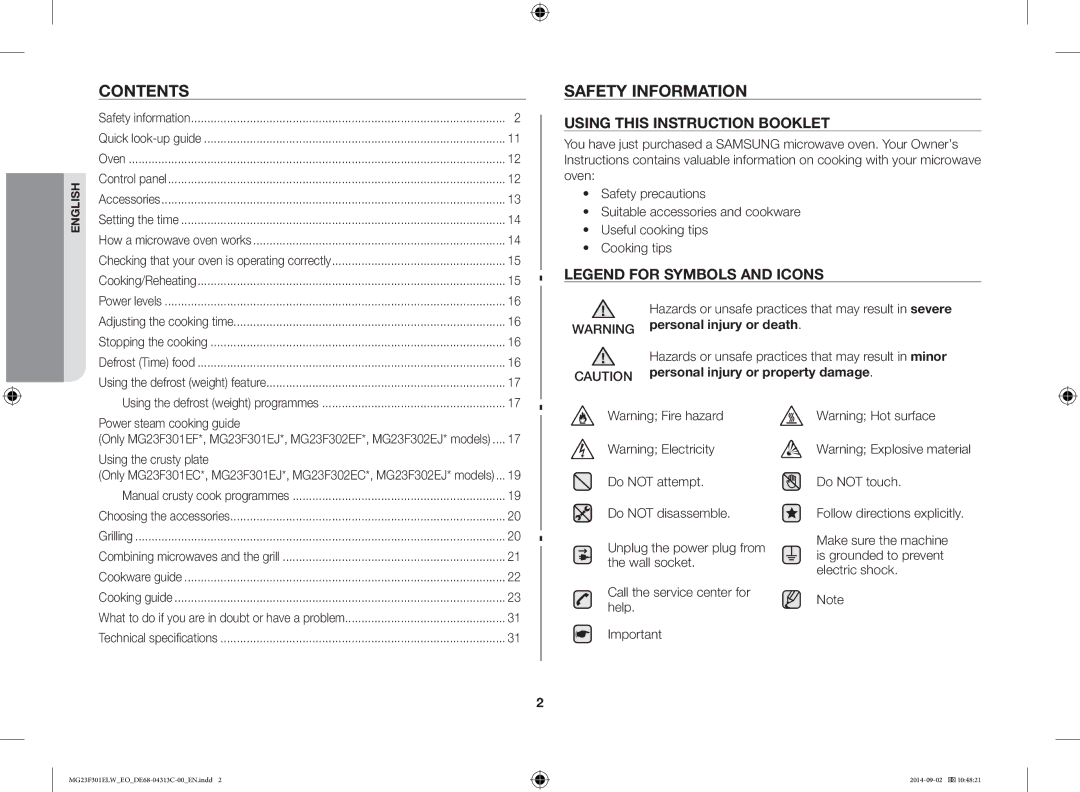 Samsung MG23F301ELW/EO manual Contents, Safety Information 