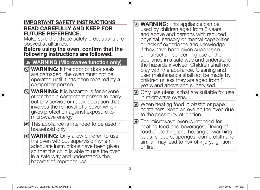 Samsung MG23F301ELW/EO manual Read Carefully and Keep for Future Reference 