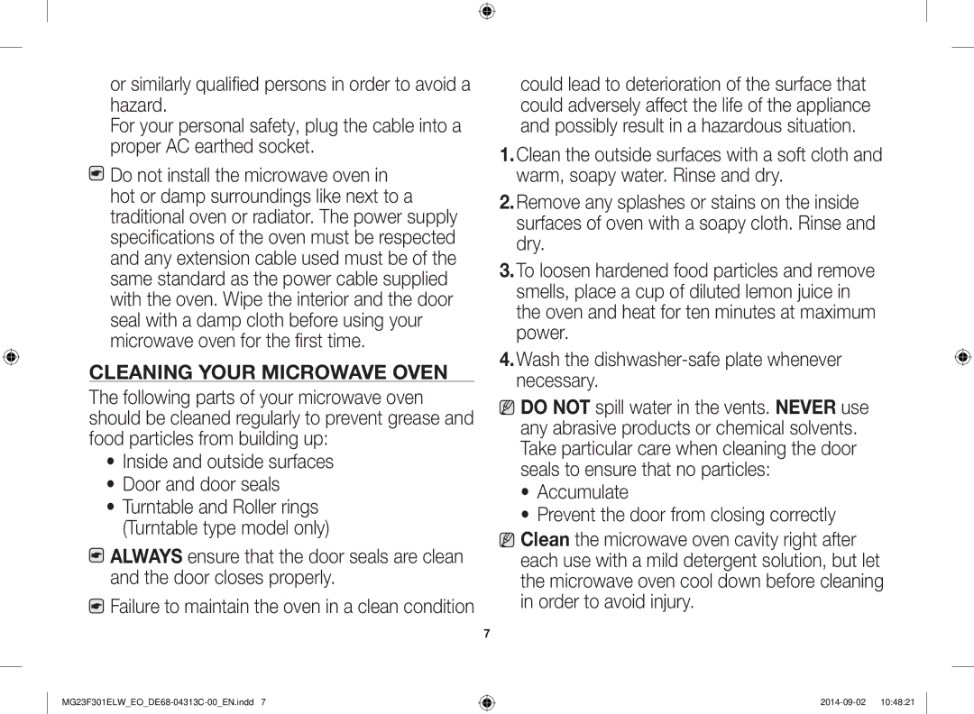 Samsung MG23F301ELW/EO manual Cleaning Your Microwave Oven, Accumulate Prevent the door from closing correctly 