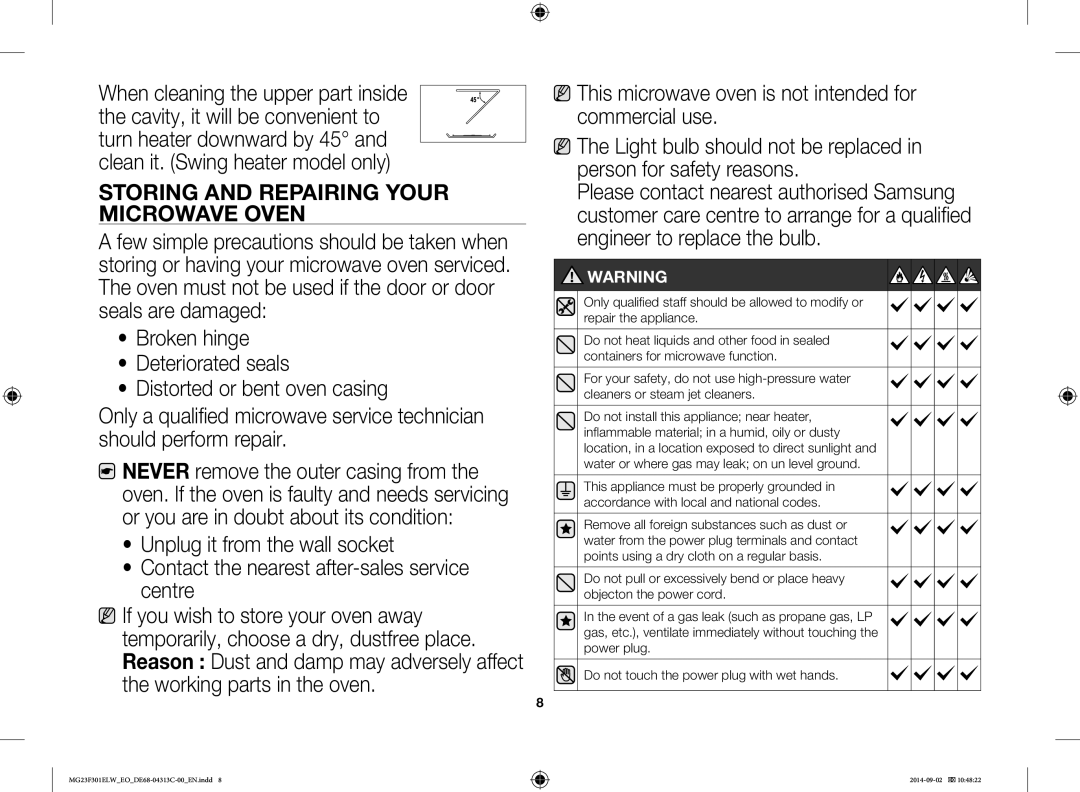 Samsung MG23F301ELW/EO Storing and Repairing Your Microwave Oven, This microwave oven is not intended for commercial use 