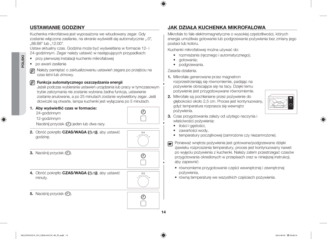 Samsung MG23F301ELW/EO Ustawianie Godziny, JAK Działa Kuchenka Mikrofalowa, Funkcja automatycznego oszczędzania energii 