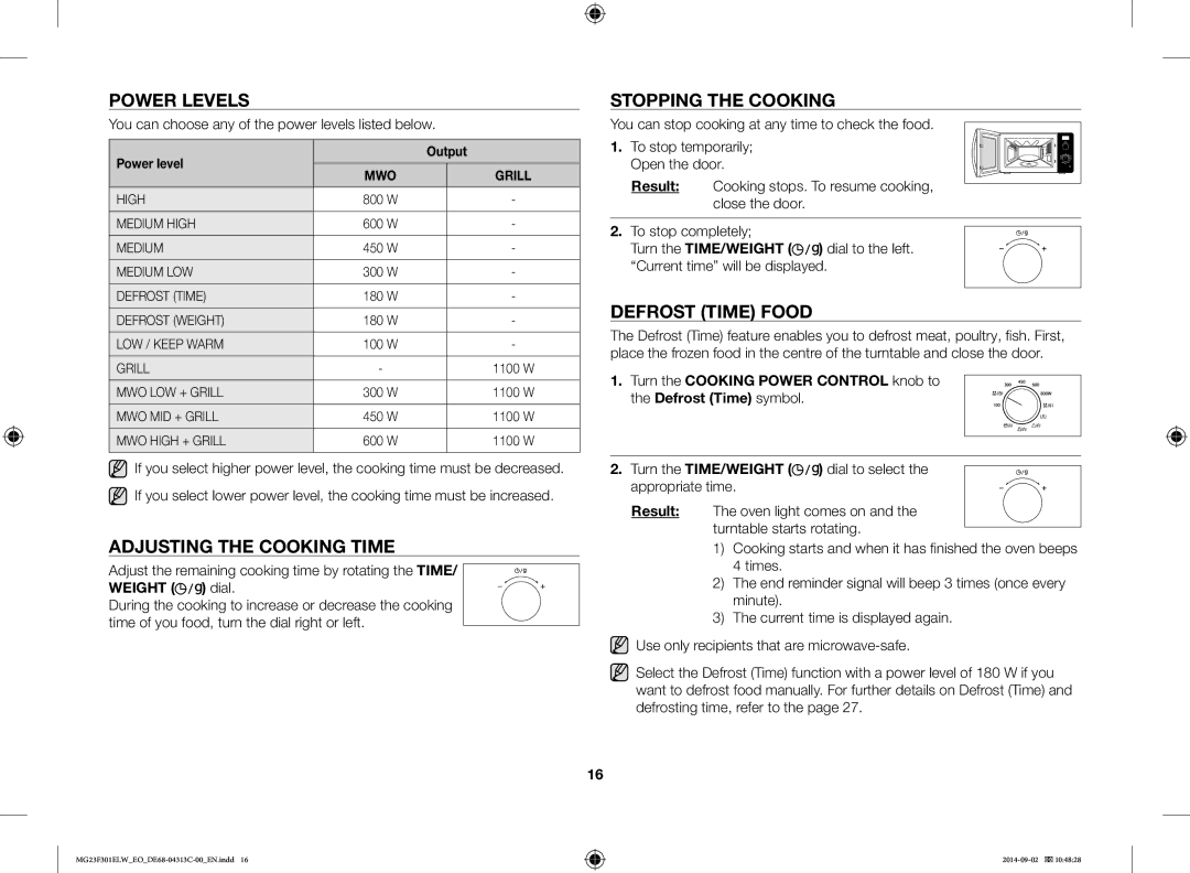 Samsung MG23F301ELW/EO manual Power Levels, Stopping the Cooking, Defrost Time Food, Adjusting the Cooking Time 