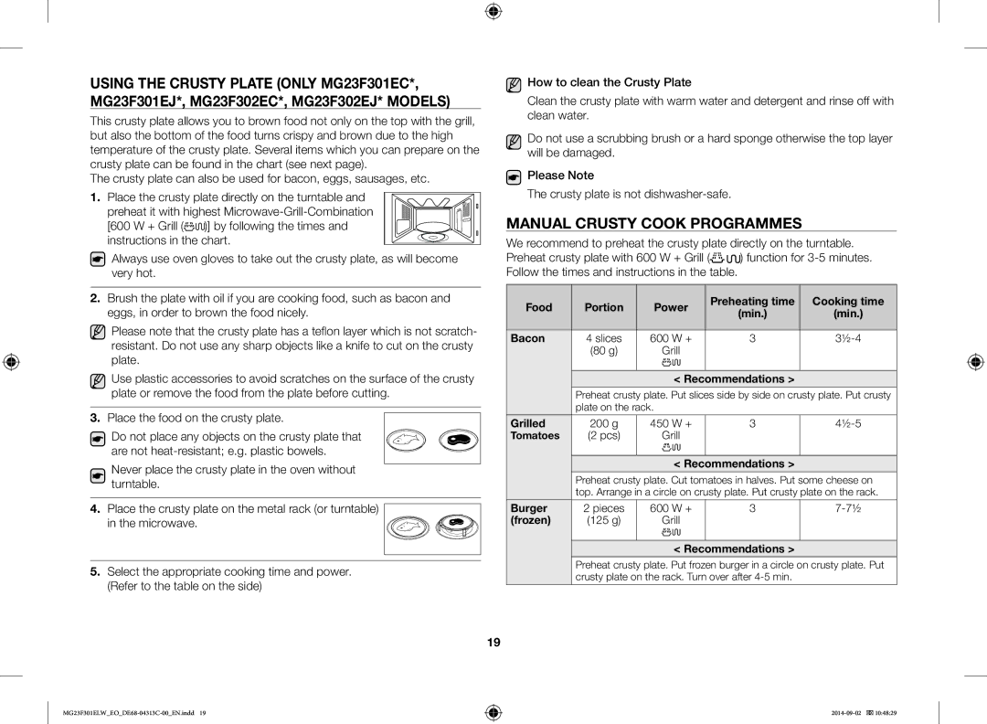 Samsung MG23F301ELW/EO manual Manual Crusty Cook Programmes 