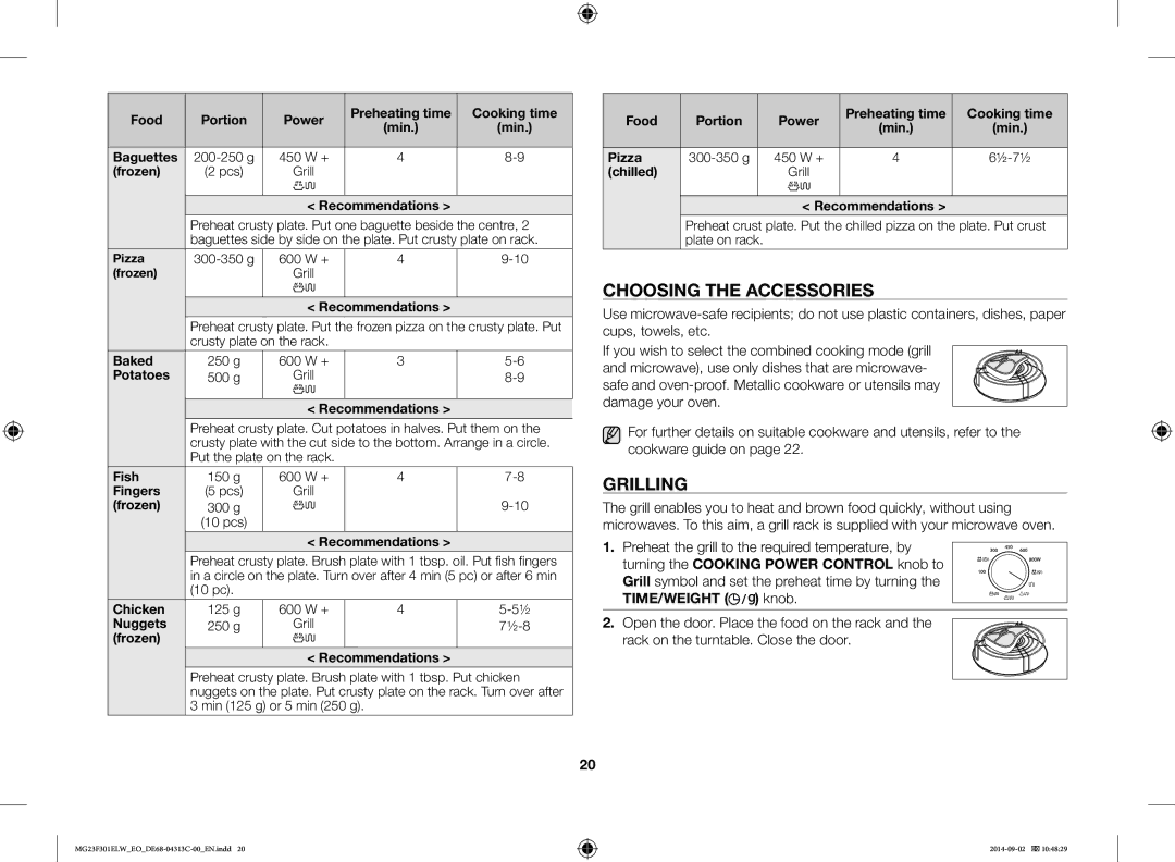 Samsung MG23F301ELW/EO manual Choosing the Accessories, Grilling 