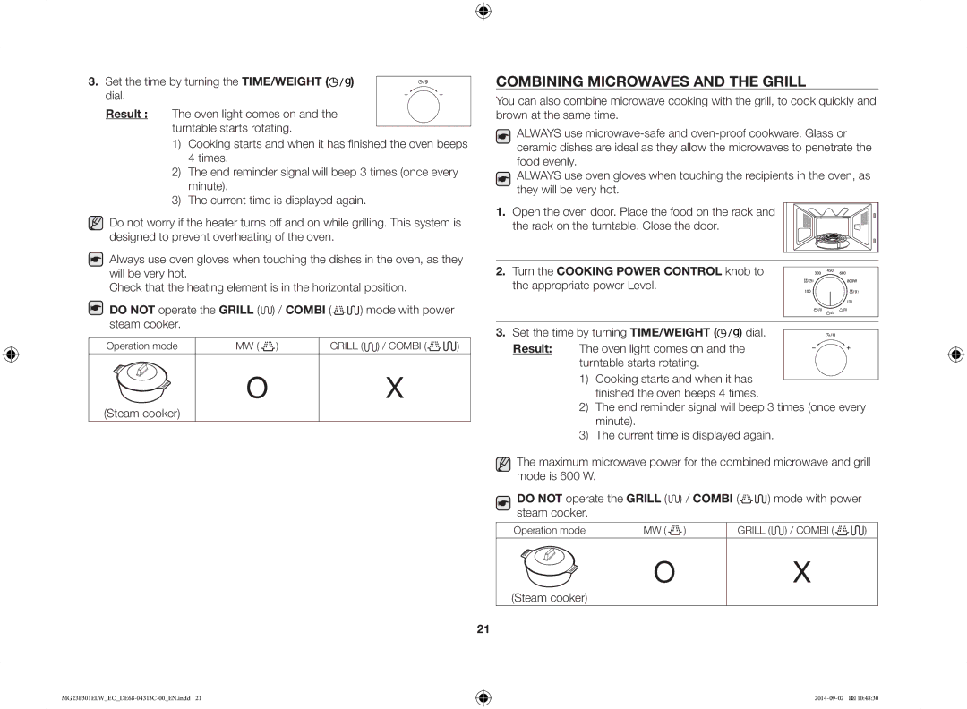 Samsung MG23F301ELW/EO manual Combining Microwaves and the Grill, Steam cooker 