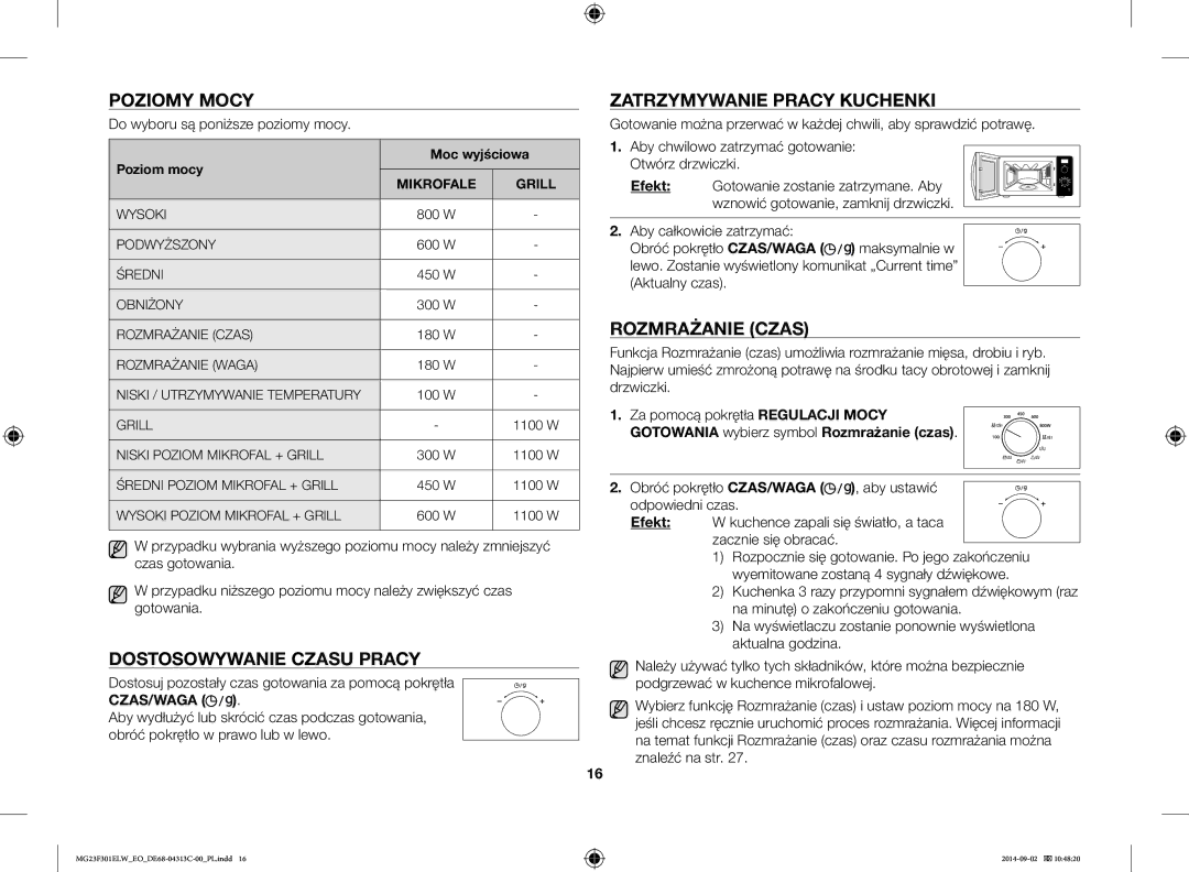 Samsung MG23F301ELW/EO Poziomy Mocy, Dostosowywanie Czasu Pracy, Zatrzymywanie Pracy Kuchenki, Rozmrażanie Czas, Efekt 