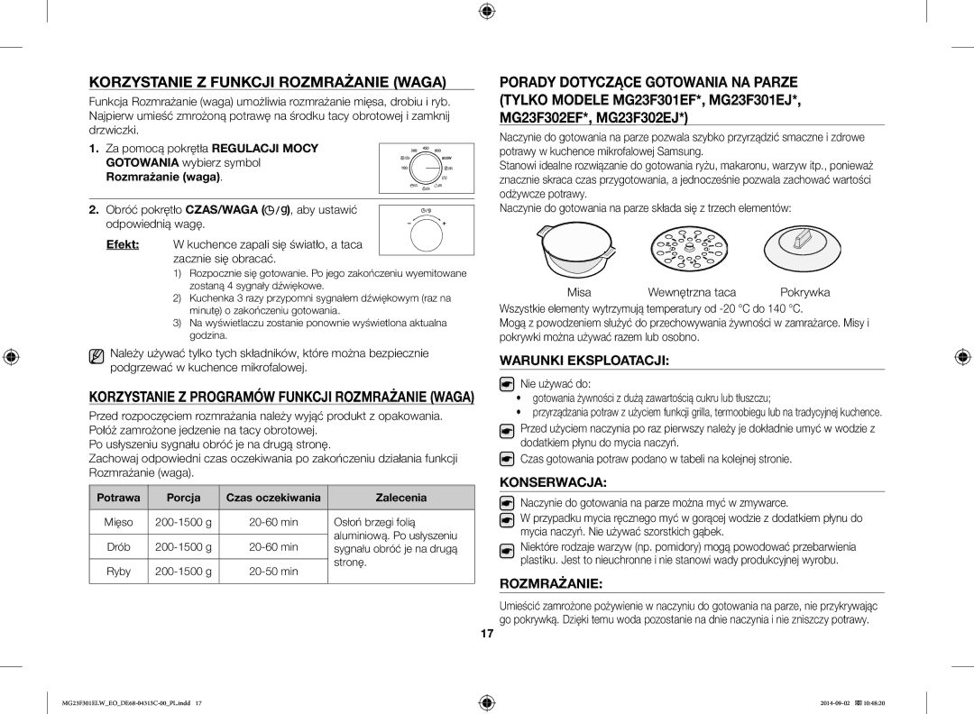 Samsung MG23F301ELW/EO manual Korzystanie Z Funkcji Rozmrażanie Waga, Warunki Eksploatacji, Konserwacja 