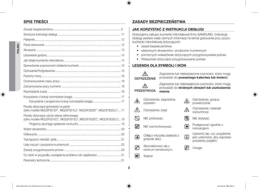 Samsung MG23F301ELW/EO manual Spis Treści Zasady Bezpieczeństwa, JAK Korzystać Z Instrukcji Obsługi 