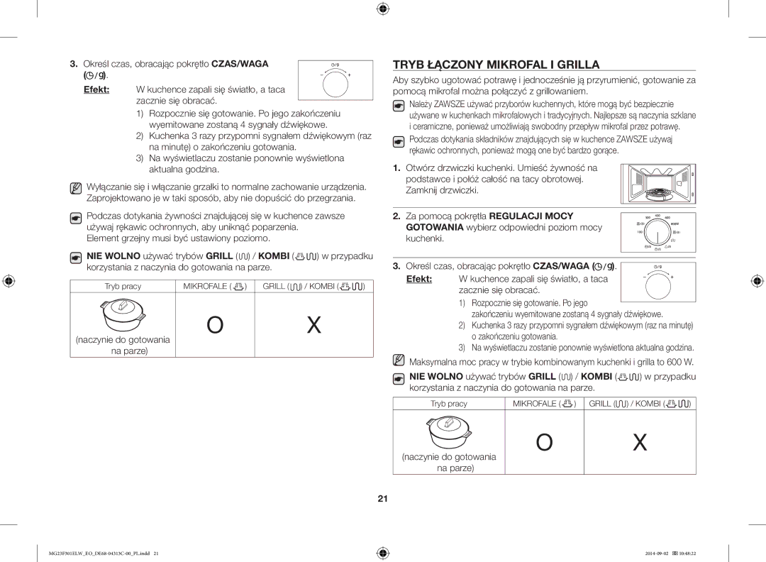 Samsung MG23F301ELW/EO manual Tryb Łączony Mikrofal I Grilla, Zakończeniu wyemitowane zostaną 4 sygnały dźwiękowe 