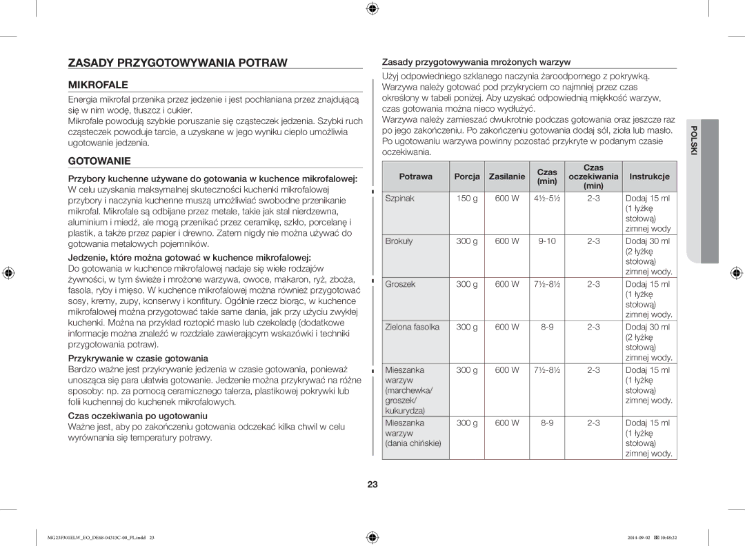 Samsung MG23F301ELW/EO manual Zasady Przygotowywania Potraw, Mikrofale, Potrawa Porcja Zasilanie Czas, Instrukcje, Min 