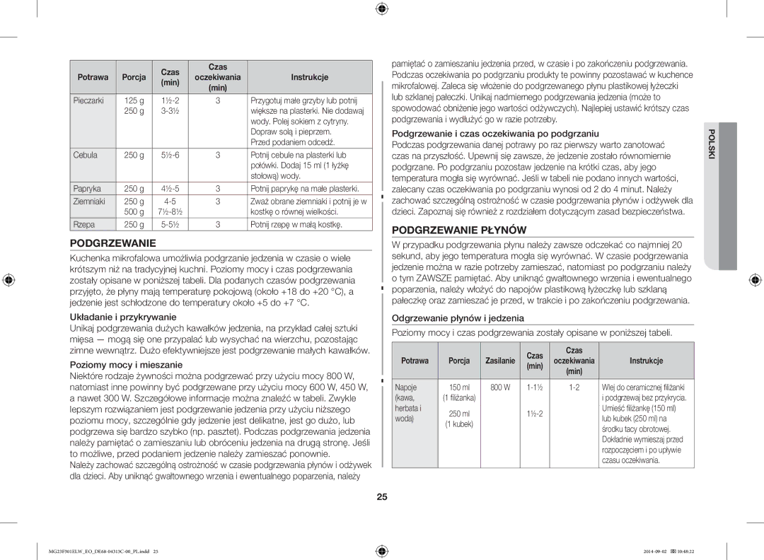 Samsung MG23F301ELW/EO manual Podgrzewanie Płynów, Układanie i przykrywanie, Poziomy mocy i mieszanie 