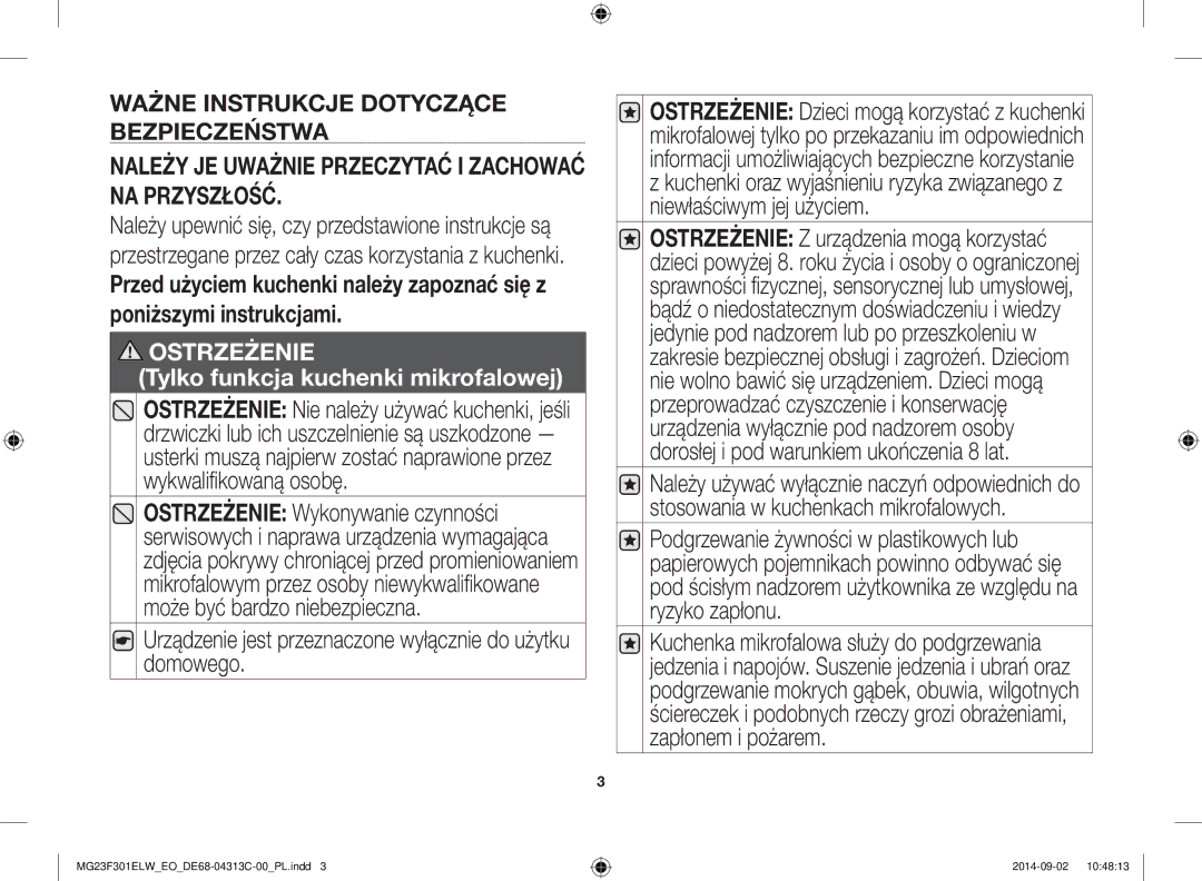 Samsung MG23F301ELW/EO manual Należy JE Uważnie Przeczytać I Zachować NA Przyszłość 