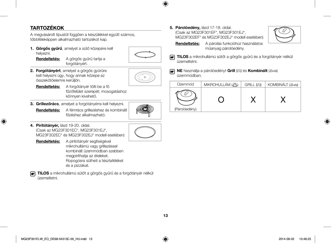 Samsung MG23F301ELW/EO Tartozékok, Rendeltetés, Üzemeltetni NE használja a párolóedényt Grill, És Kombinált, Üzemmódban 