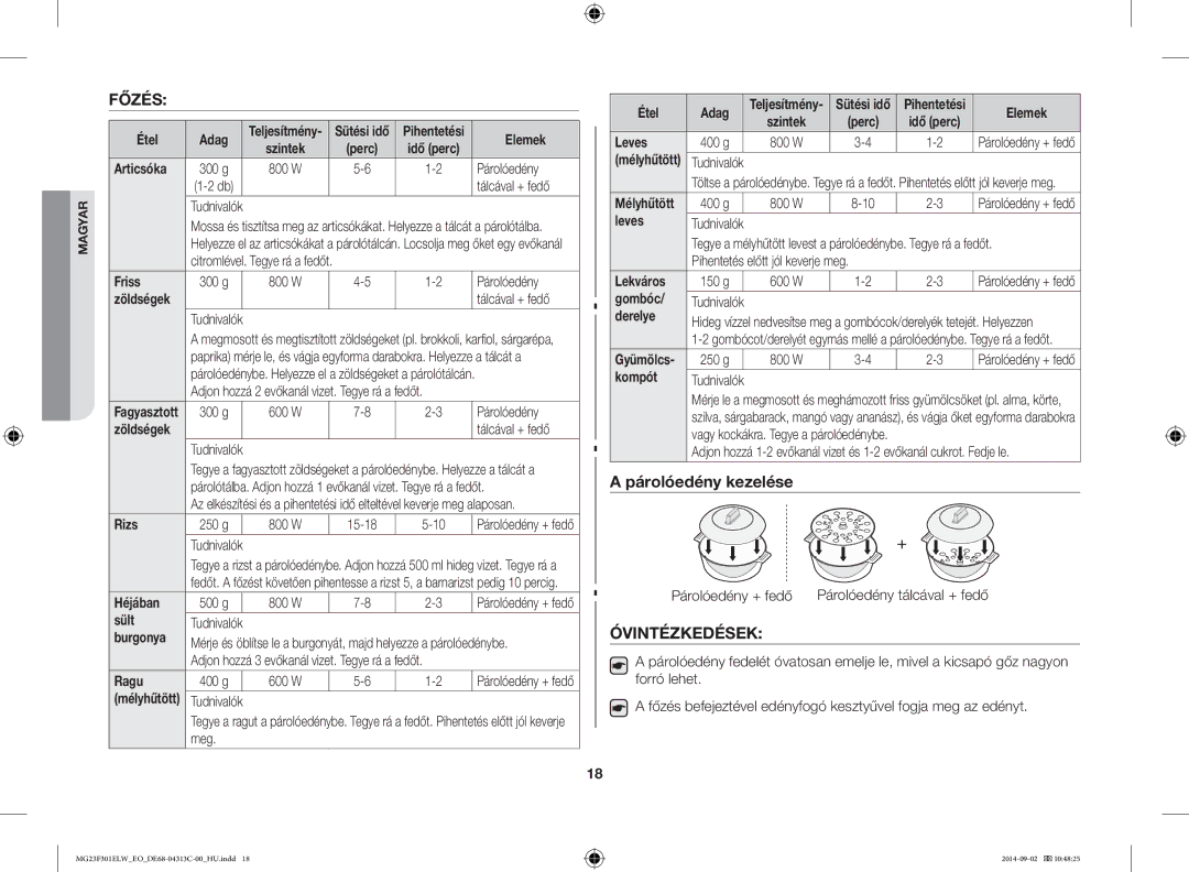 Samsung MG23F301ELW/EO manual Főzés, Óvintézkedések 