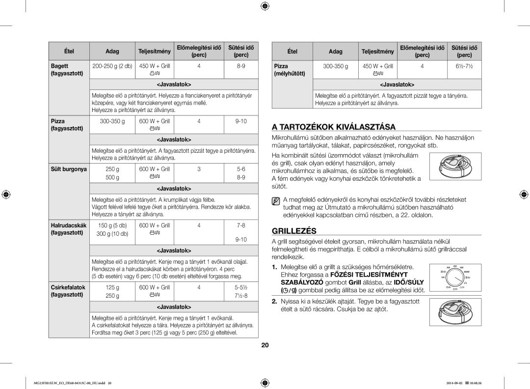 Samsung MG23F301ELW/EO manual Tartozékok Kiválasztása, Grillezés 