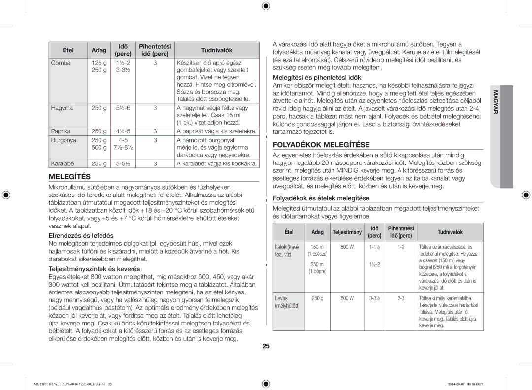 Samsung MG23F301ELW/EO manual Folyadékok Melegítése, Étel Adag Idő Pihentetési Tudnivalók 