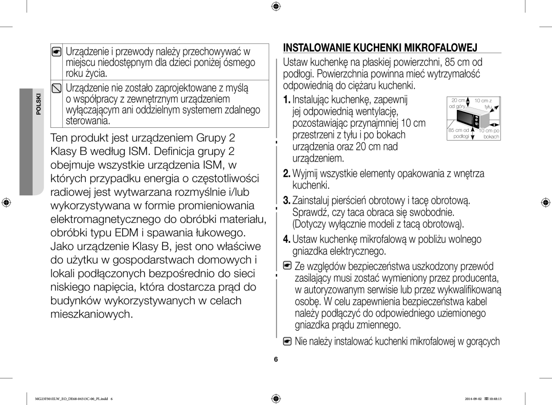 Samsung MG23F301ELW/EO manual Instalowanie Kuchenki Mikrofalowej, Ze względów bezpieczeństwa uszkodzony przewód 