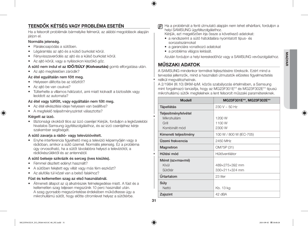 Samsung MG23F301ELW/EO manual Teendők Kétség Vagy Probléma Esetén, Műszaki Adatok, Modell MG23F301E**, MG23F302E 