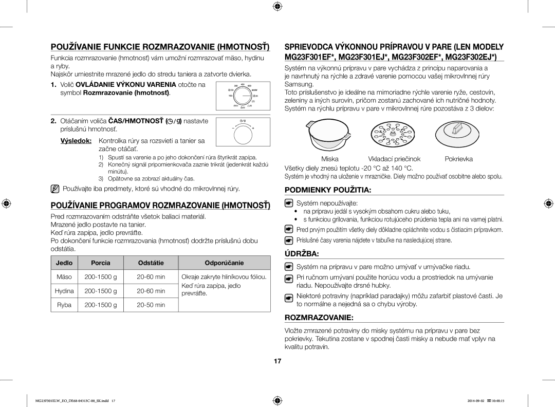 Samsung MG23F301ELW/EO Používanie Funkcie Rozmrazovanie Hmotnosť, Používanie Programov Rozmrazovanie Hmotnosť, Údržba 