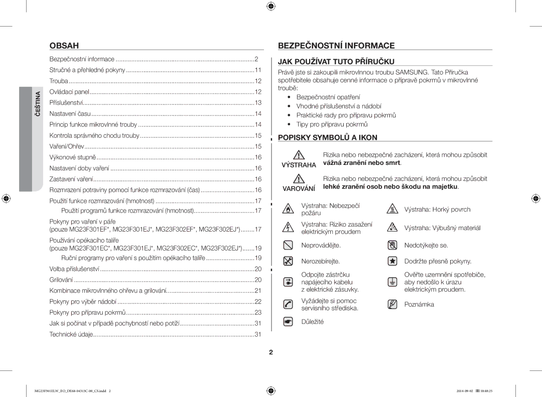 Samsung MG23F301ELW/EO manual Obsah, Bezpečnostní Informace, JAK Používat Tuto Příručku, Popisky Symbolů a Ikon 