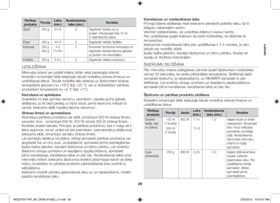 Samsung MG23F301TAK/BA manual Uzsildīšana, Šķidrumu Sildīšana, Pārtikas Porcija Jauda Laiks 