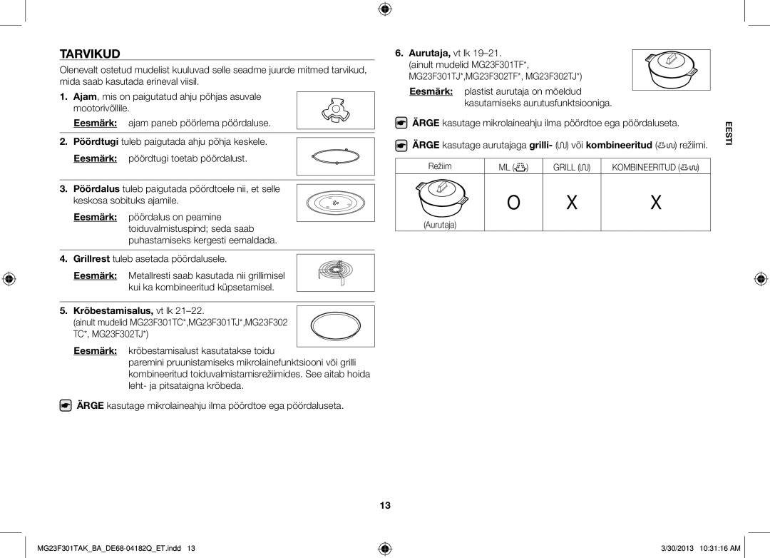 Samsung MG23F301TAK/BA manual Tarvikud, Krõbestamisalus, vt lk, Ärge kasutage mikrolaineahju ilma pöördtoe ega pöördaluseta 