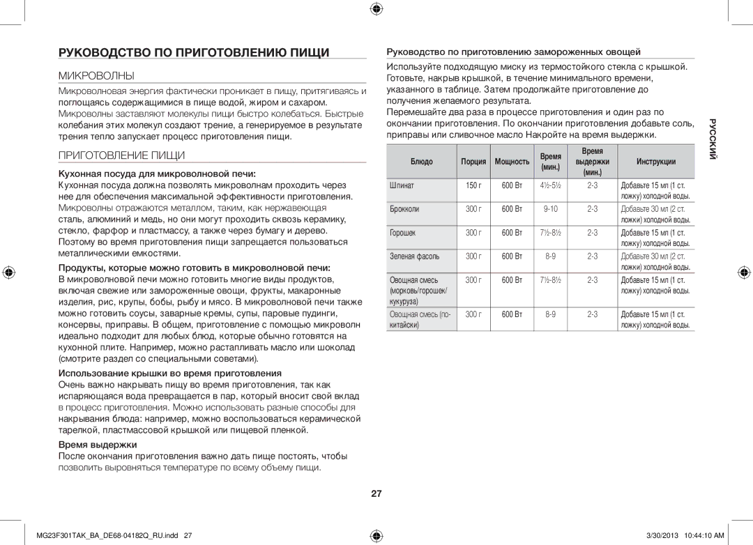 Samsung MG23F301TAK/BA manual Руководство по приготовлению пищи, Микроволны, Приготовление Пищи, Время выдержки 