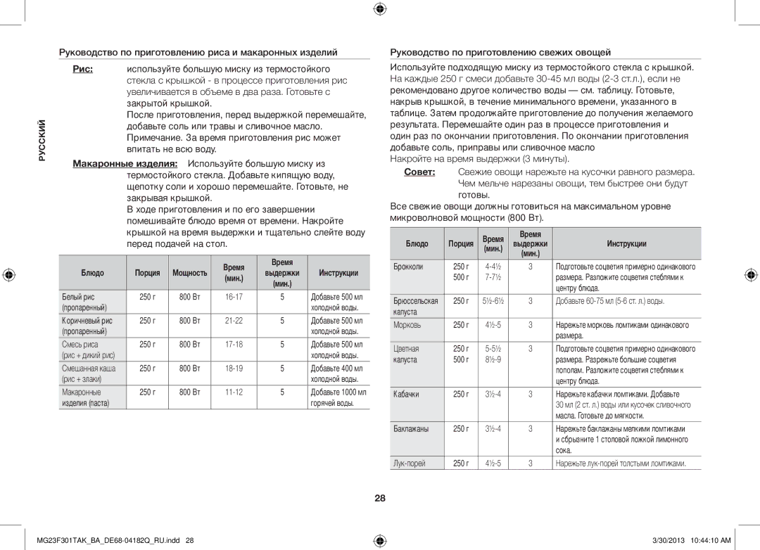 Samsung MG23F301TAK/BA manual Руководство по приготовлению свежих овощей 