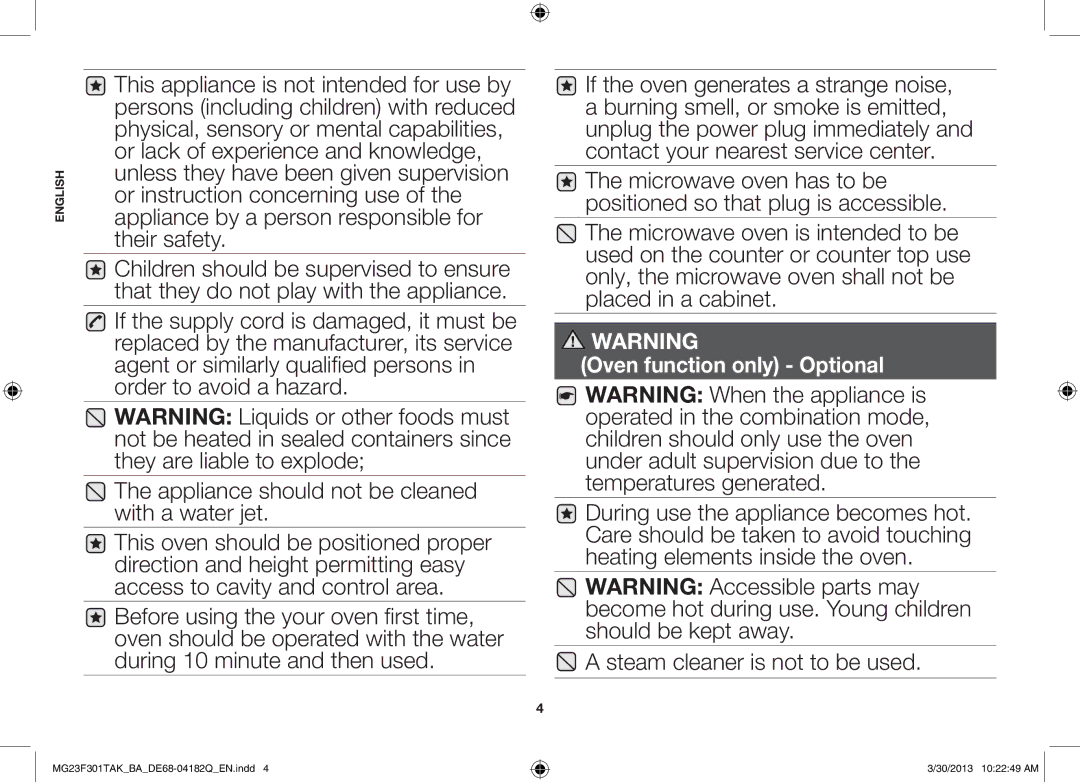 Samsung MG23F301TAK/BA manual Steam cleaner is not to be used, Oven function only Optional 