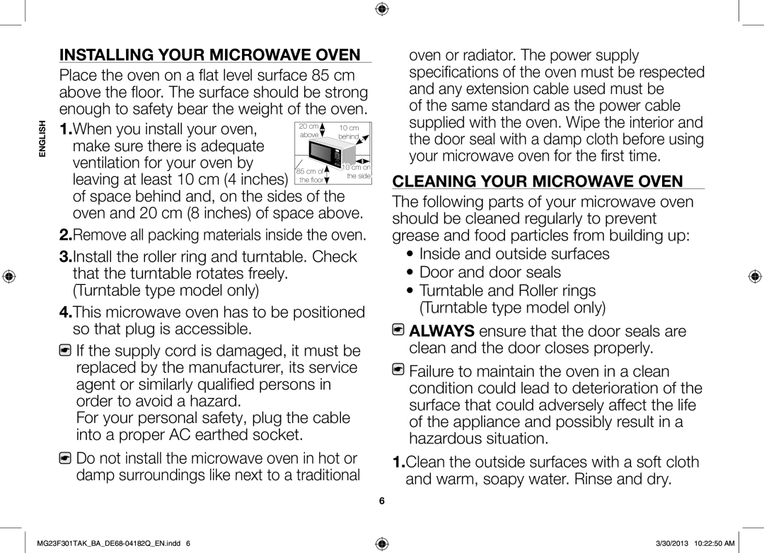 Samsung MG23F301TAK/BA manual Installing your microwave oven, Inside and outside surfaces Door and door seals 