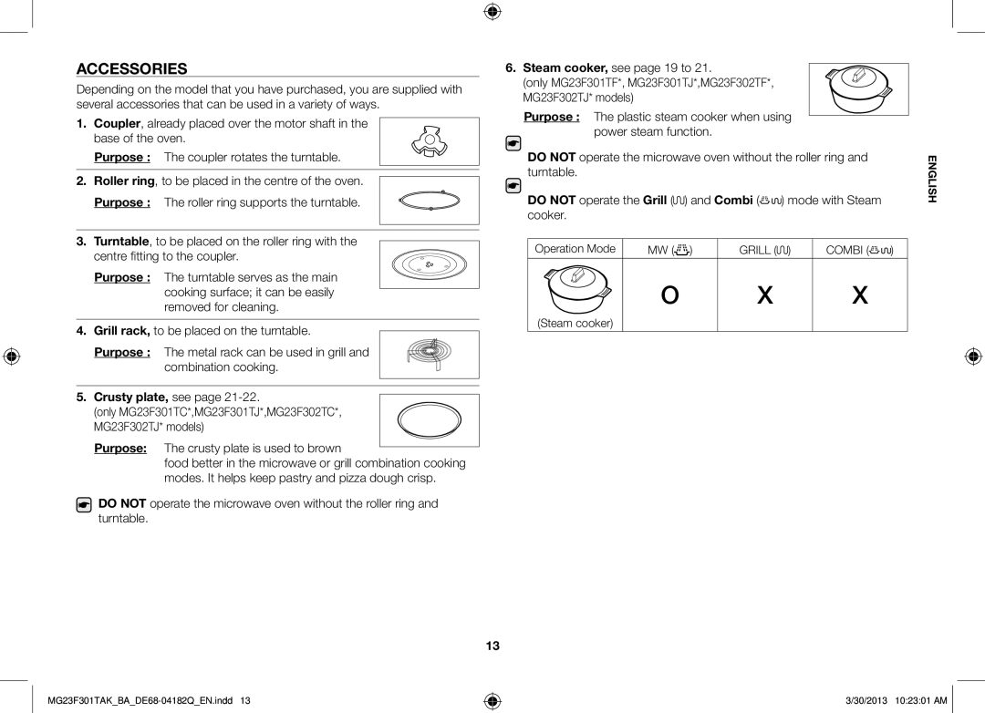 Samsung MG23F301TAK/BA manual Accessories, Operation Mode, Steam cooker 