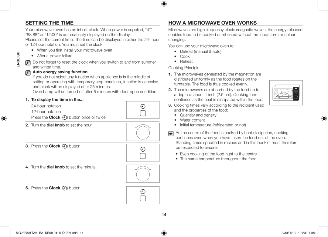 Samsung MG23F301TAK/BA Setting the time, How a microwave oven works, Auto energy saving function, To display the time 