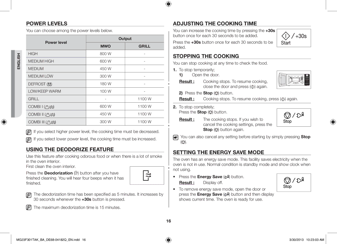 Samsung MG23F301TAK/BA manual Power levels, Using the deodorize feature, Adjusting the cooking time, Stopping the cooking 