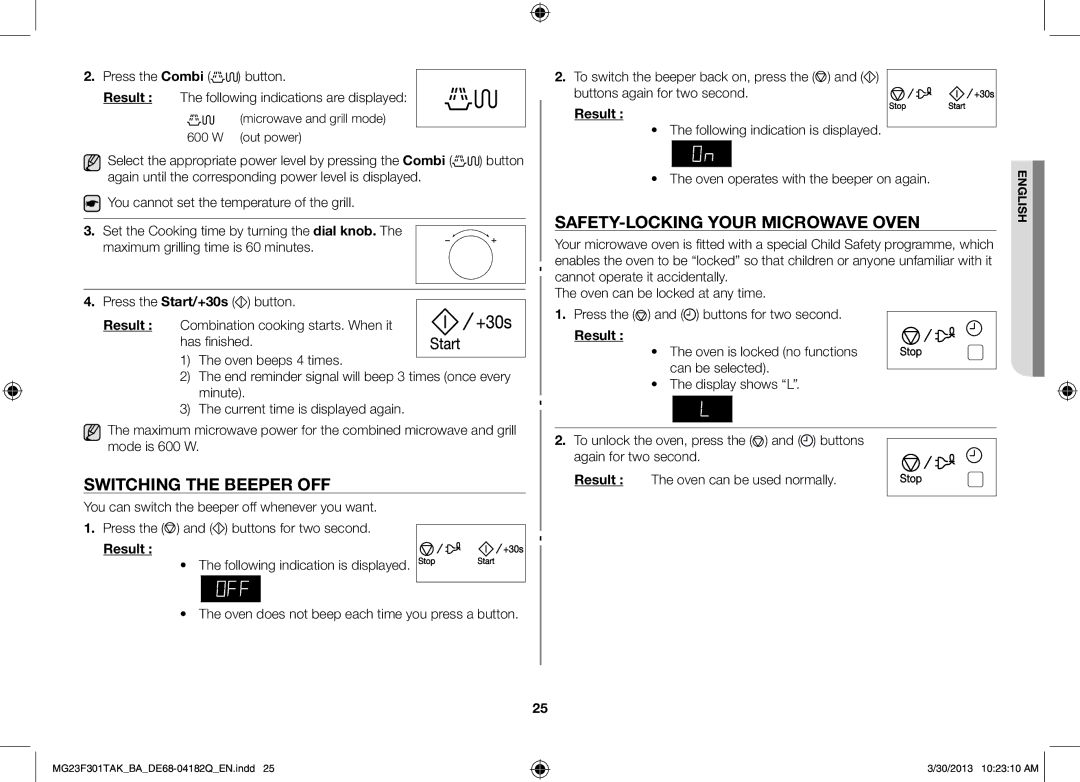 Samsung MG23F301TAK/BA manual Switching the beeper off, Safety-locking your microwave oven 