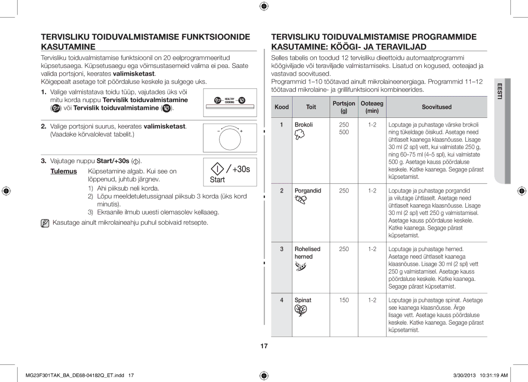 Samsung MG23F301TAK/BA manual Tervisliku toiduvalmistamise funktsioonide kasutamine, Kood Toit, Ooteaeg Soovitused 