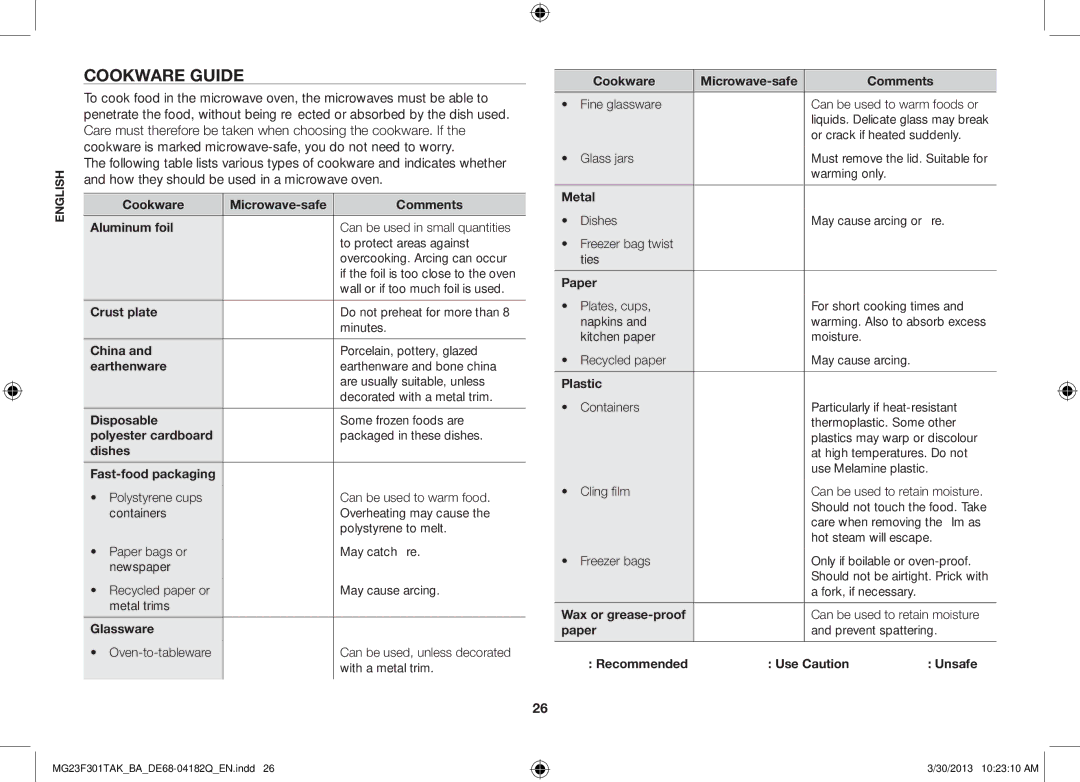 Samsung MG23F301TAK/BA manual Cookware guide 