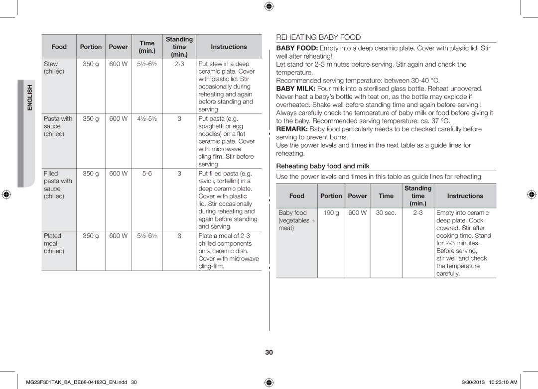 Samsung MG23F301TAK/BA Reheating Baby Food, Time Standing Food Portion Power Instructions Min, Power Time Instructions 