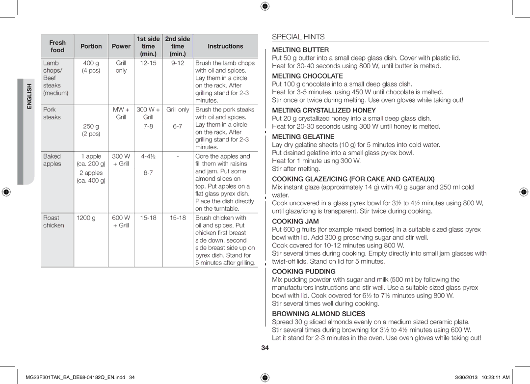 Samsung MG23F301TAK/BA manual Special Hints, Stir several times well during cooking, Fresh 1st side 2nd side 