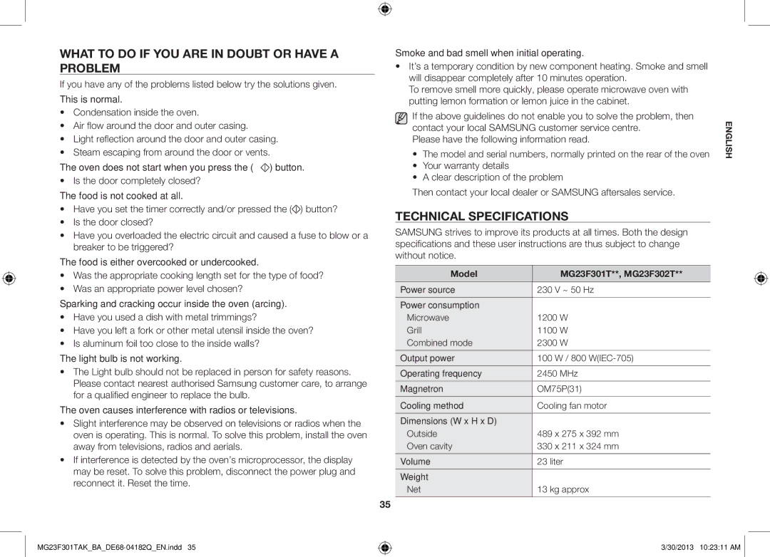 Samsung MG23F301TAK/BA manual What to do if you are in doubt or have a problem, Technical specifications 