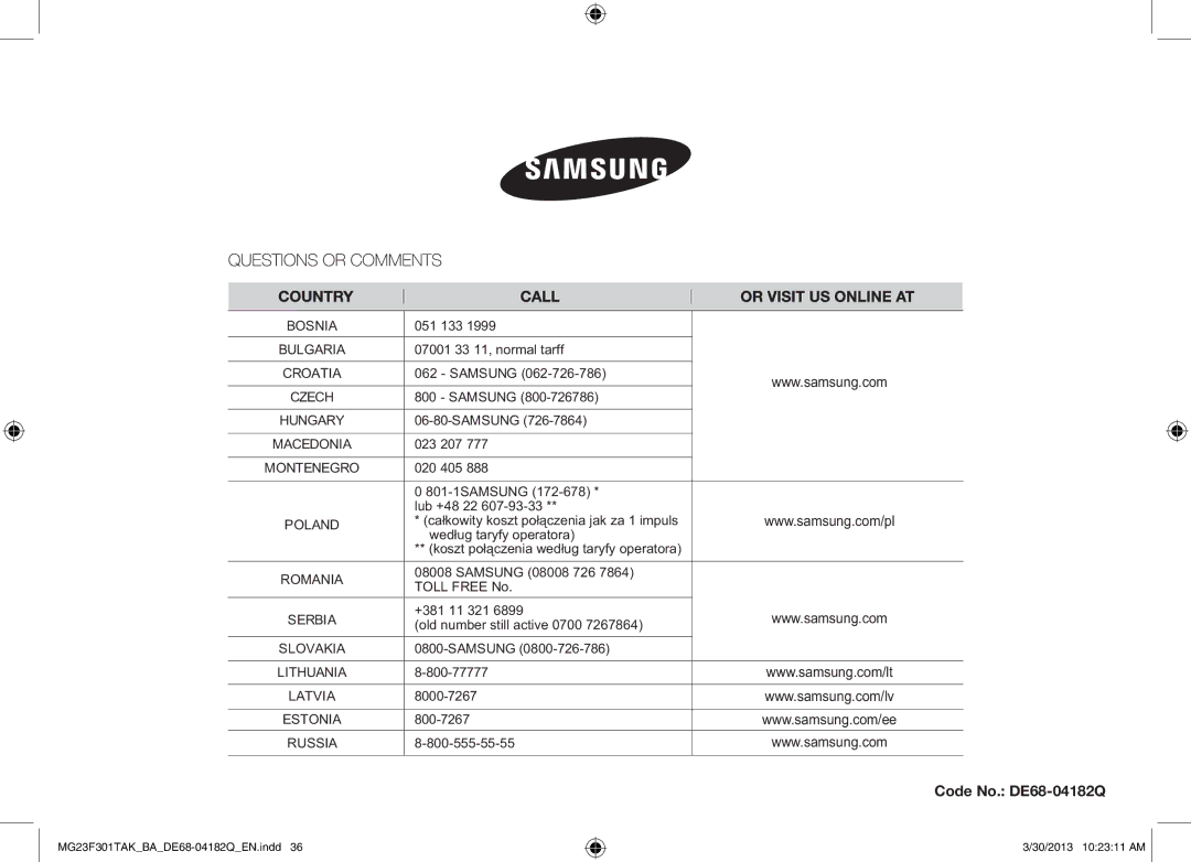 Samsung MG23F301TAK/BA manual Code No. DE68-04182Q 