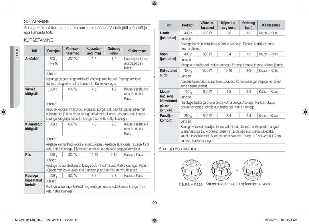 Samsung MG23F301TAK/BA manual Sulatamine, Küpsetamine 