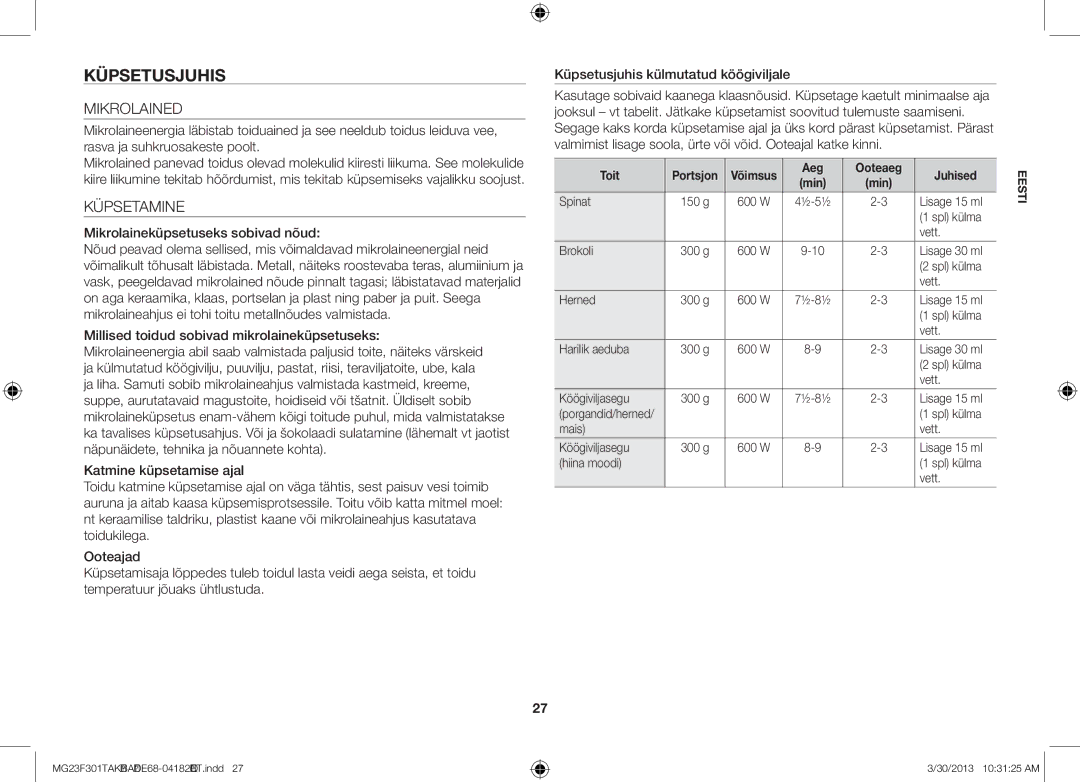 Samsung MG23F301TAK/BA manual Küpsetusjuhis, Mikrolained, Toit Portsjon, Aeg Ooteaeg Juhised 