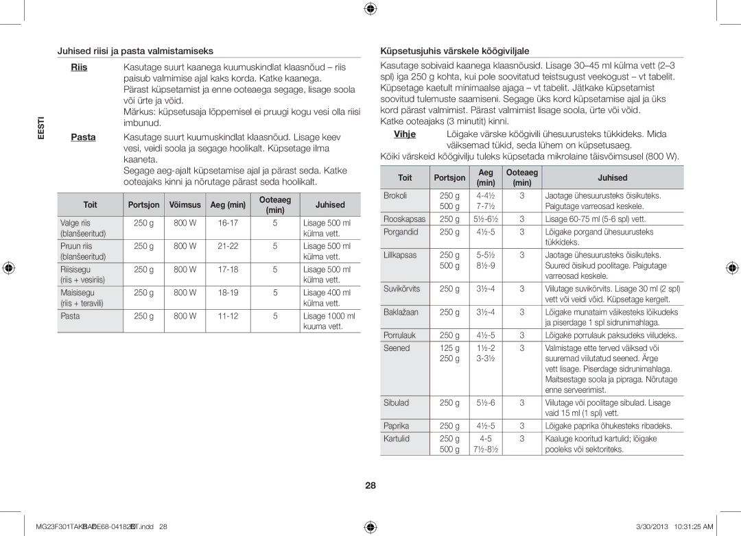 Samsung MG23F301TAK/BA manual Pasta 