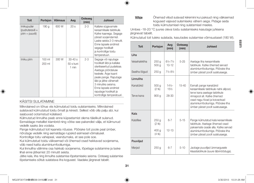 Samsung MG23F301TAK/BA manual Käsitsi Sulatamine 