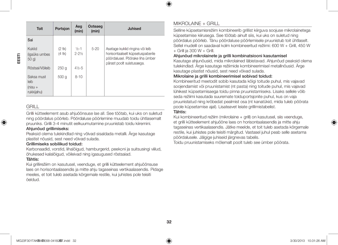 Samsung MG23F301TAK/BA manual Mikrolaine + Grill 